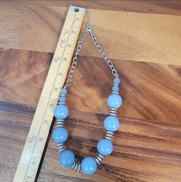 Blue Beaded Necklace With Silver Tone Accents Statement Jewelry - Picture 12 of 15